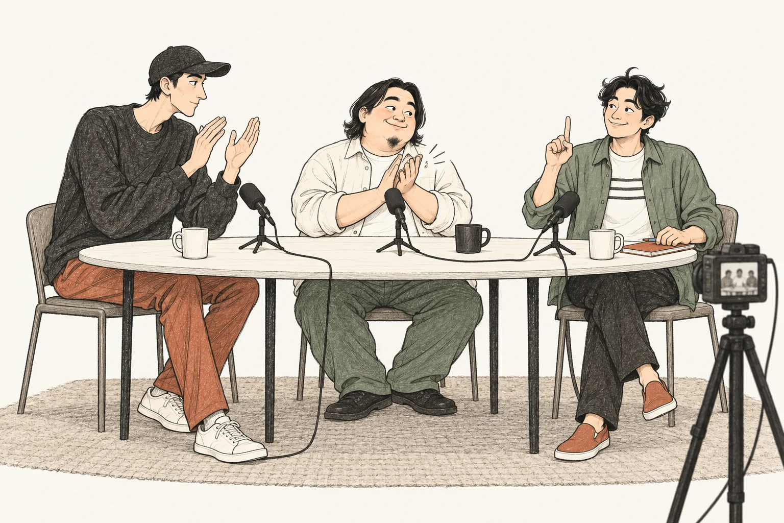 팟캐스트 탁자에서 박수 타이밍을 맞추는 모자 쓴 케빈, 긴 머리의 현수, 노트를 든 세희