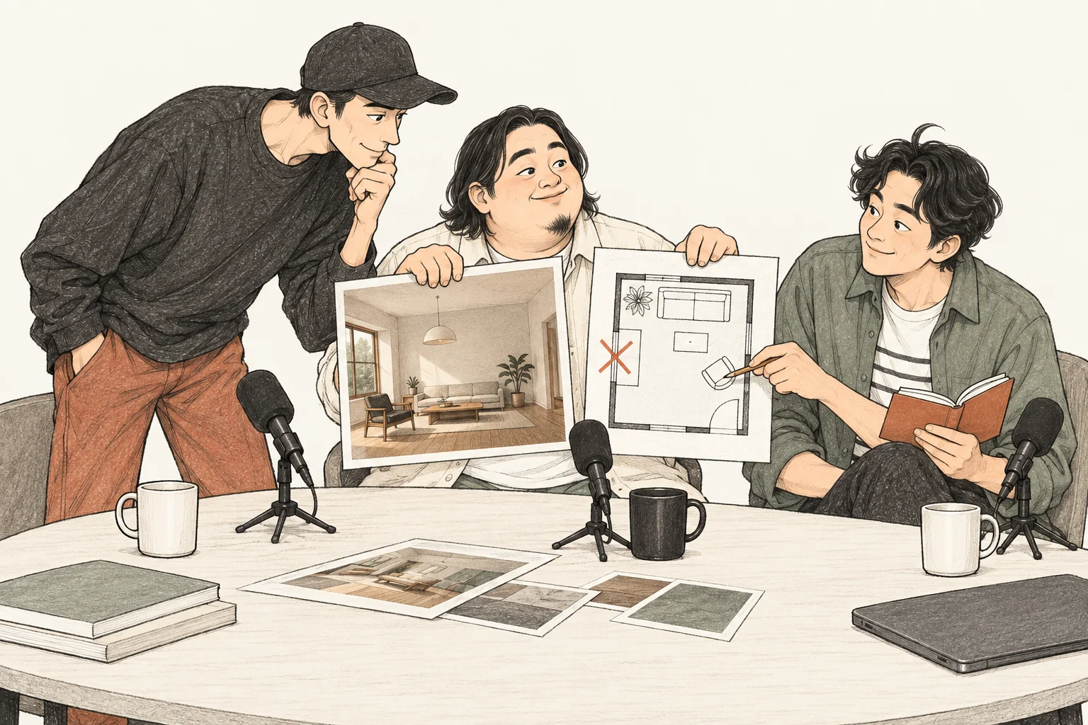 완성된 방 그림과 수정 흔적이 있는 도면을 나란히 보며 이야기하는 세 사람