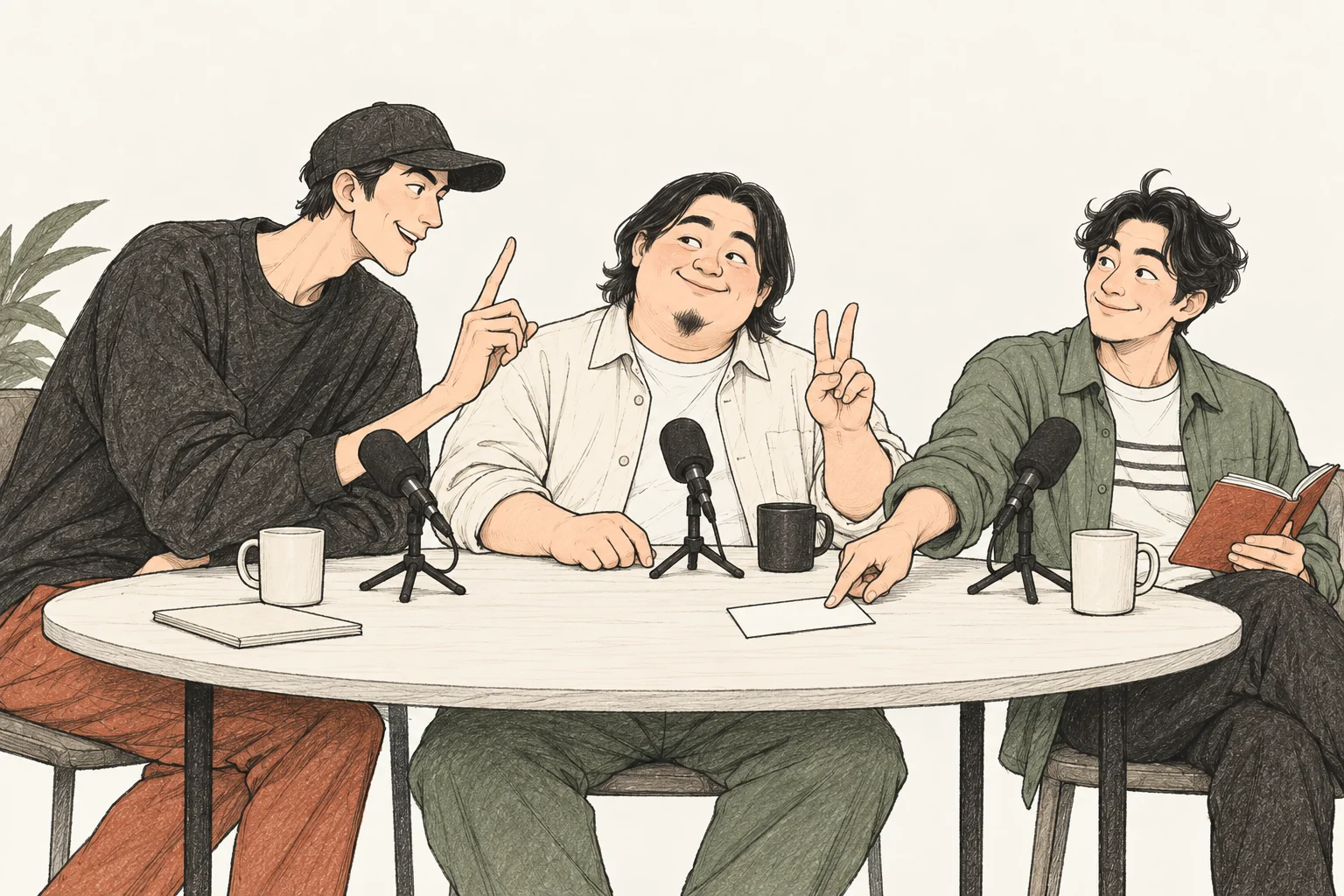 마이크 앞에서 제안하는 케빈과 조건을 보태는 현수, 질문 카드를 가운데 놓는 세희