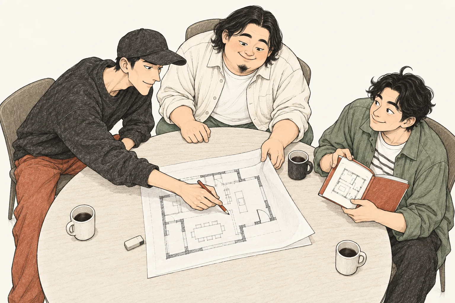 같은 도면을 서로 보기 좋게 돌리고 연필로 의견을 보태는 세 친구