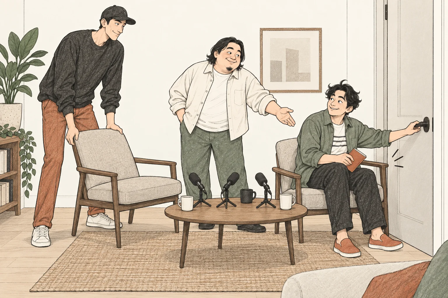 문에 걸리는 의자를 보며 생활 속 동선 문제를 이야기하는 팟캐스트 세 사람