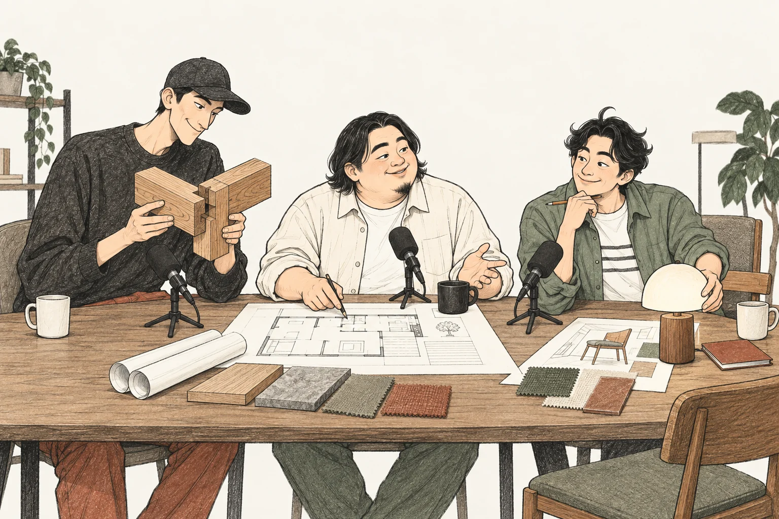 도면, 목재 접합부, 조명을 놓고 설계와 시공과 실내를 설명하는 세 사람