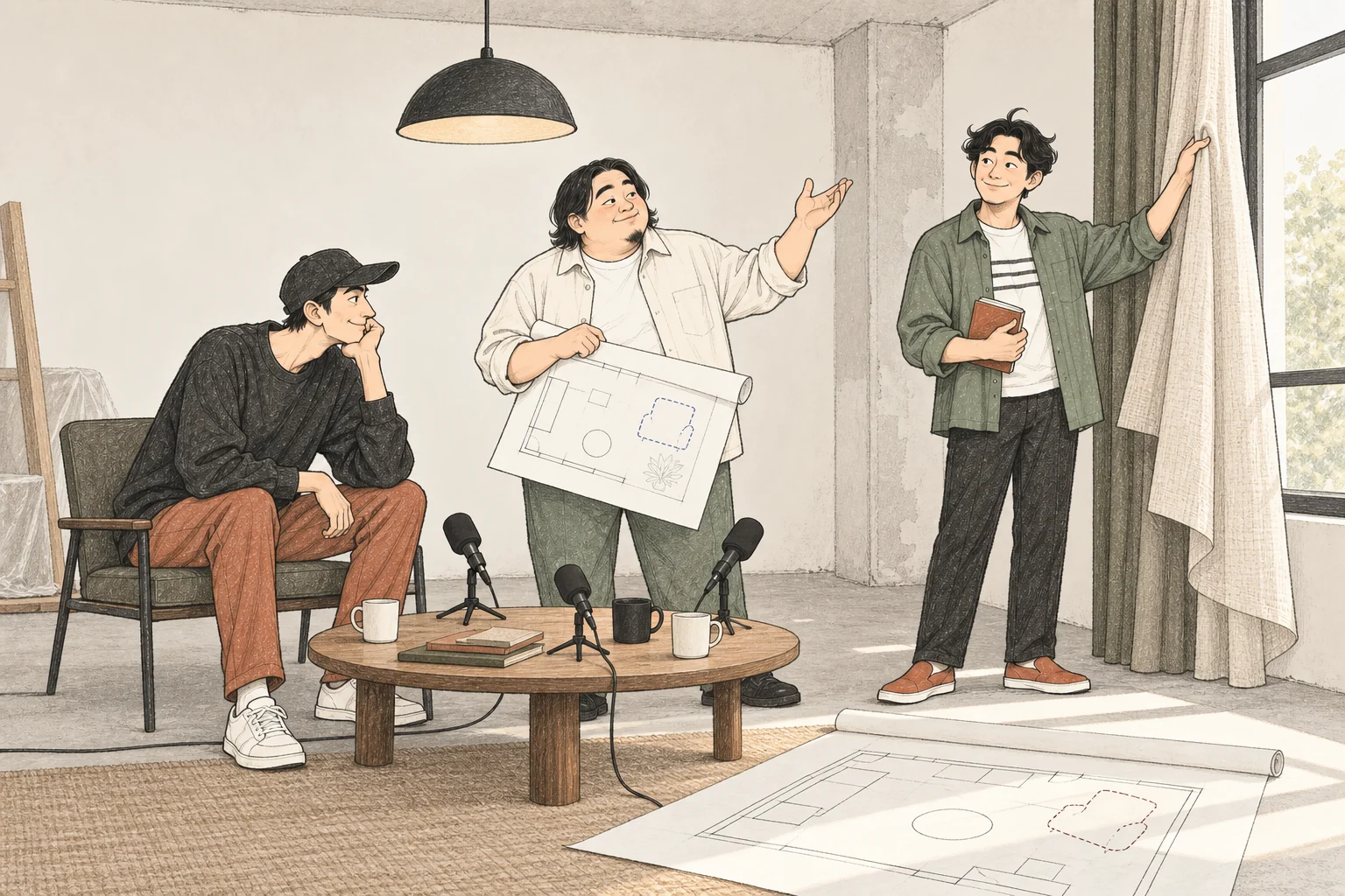 방 안에서 의자와 조명, 커튼을 가리키며 인테리어 범위를 나누는 세 사람