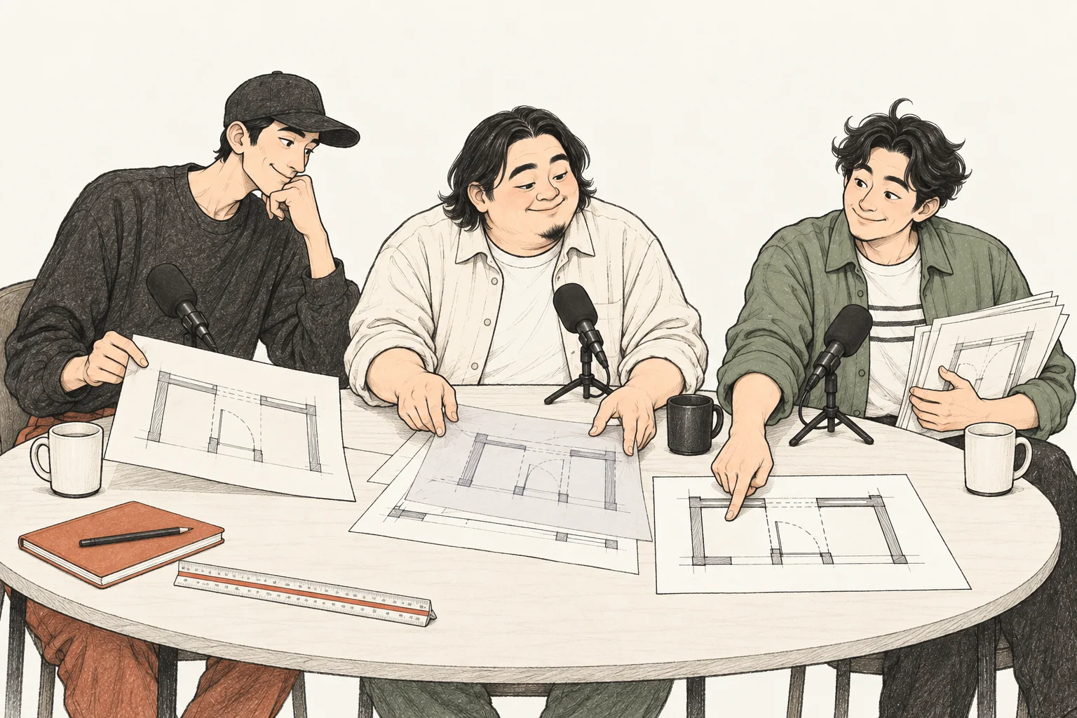 서로 다른 문 위치가 그려진 도면을 한 장으로 맞춰보는 케빈과 현수와 세희