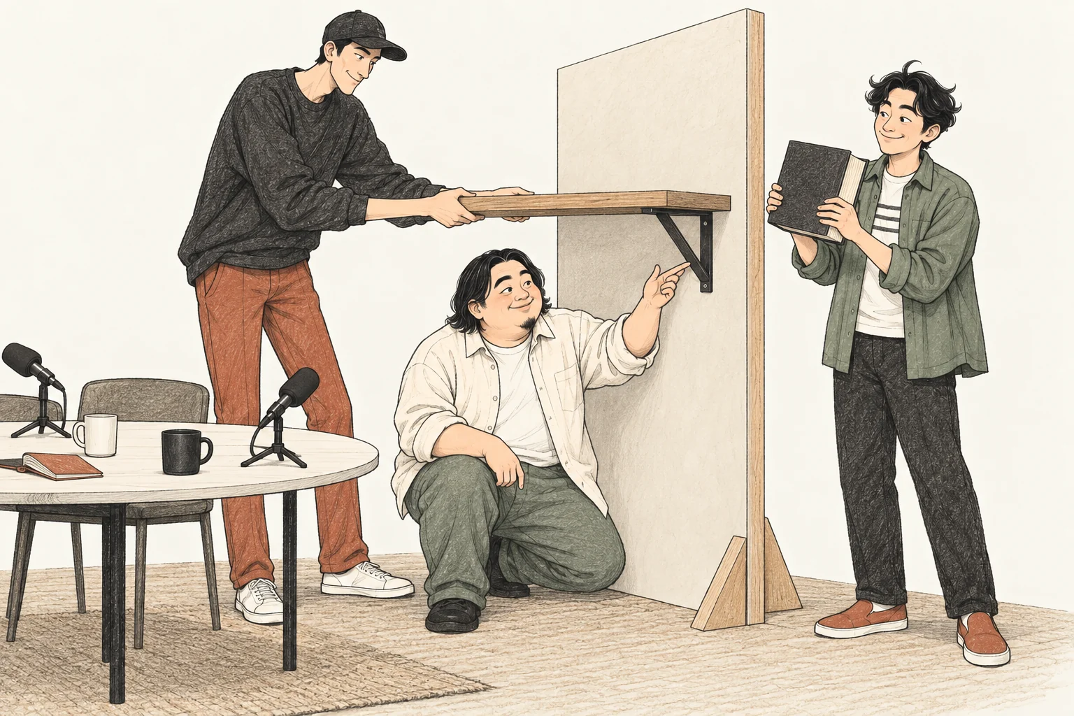 선반을 잡은 케빈과 받침을 확인하는 현수, 책을 올려보려는 세희