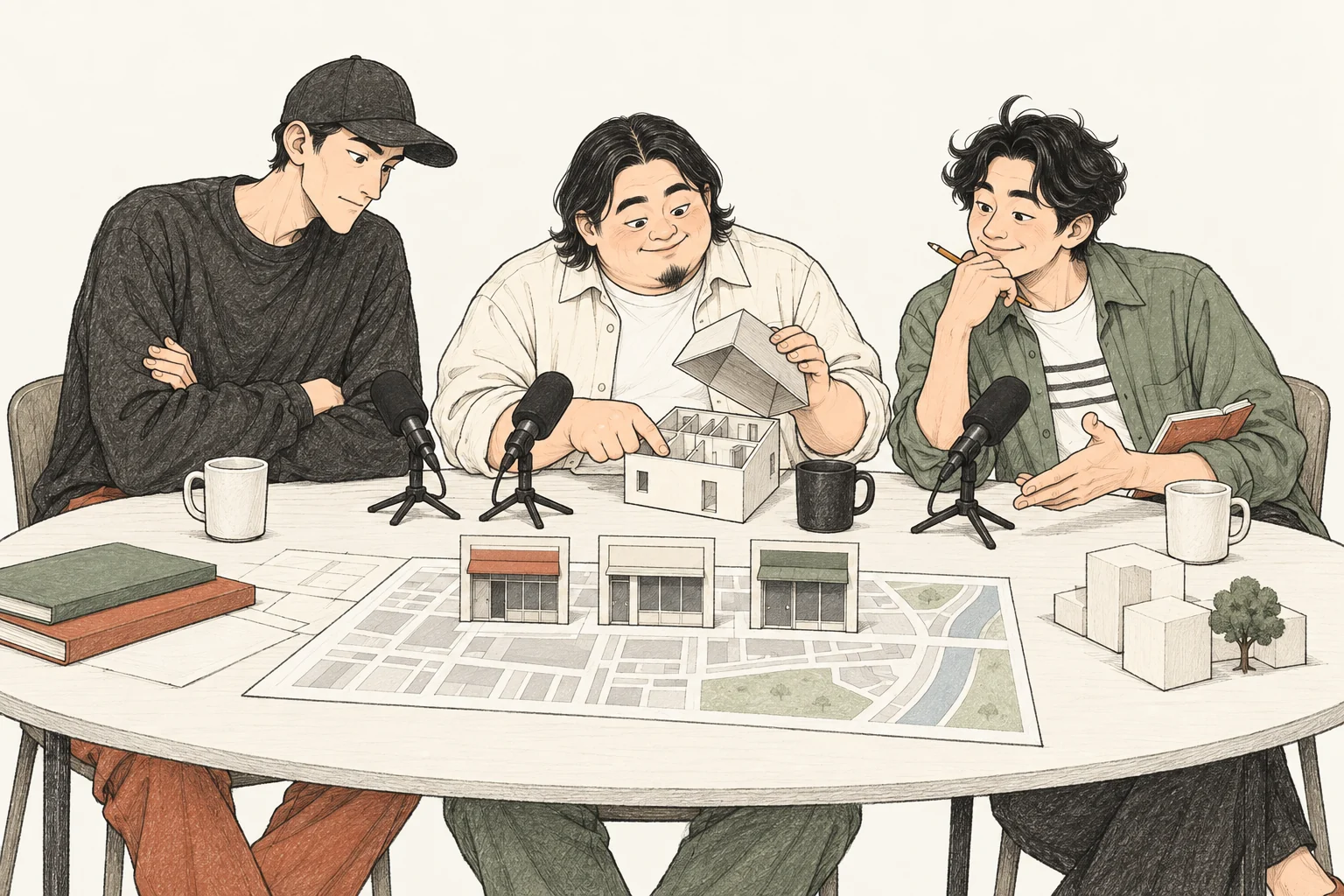 상가 공실을 나타내는 카드와 건물 평면을 함께 살피는 세 친구