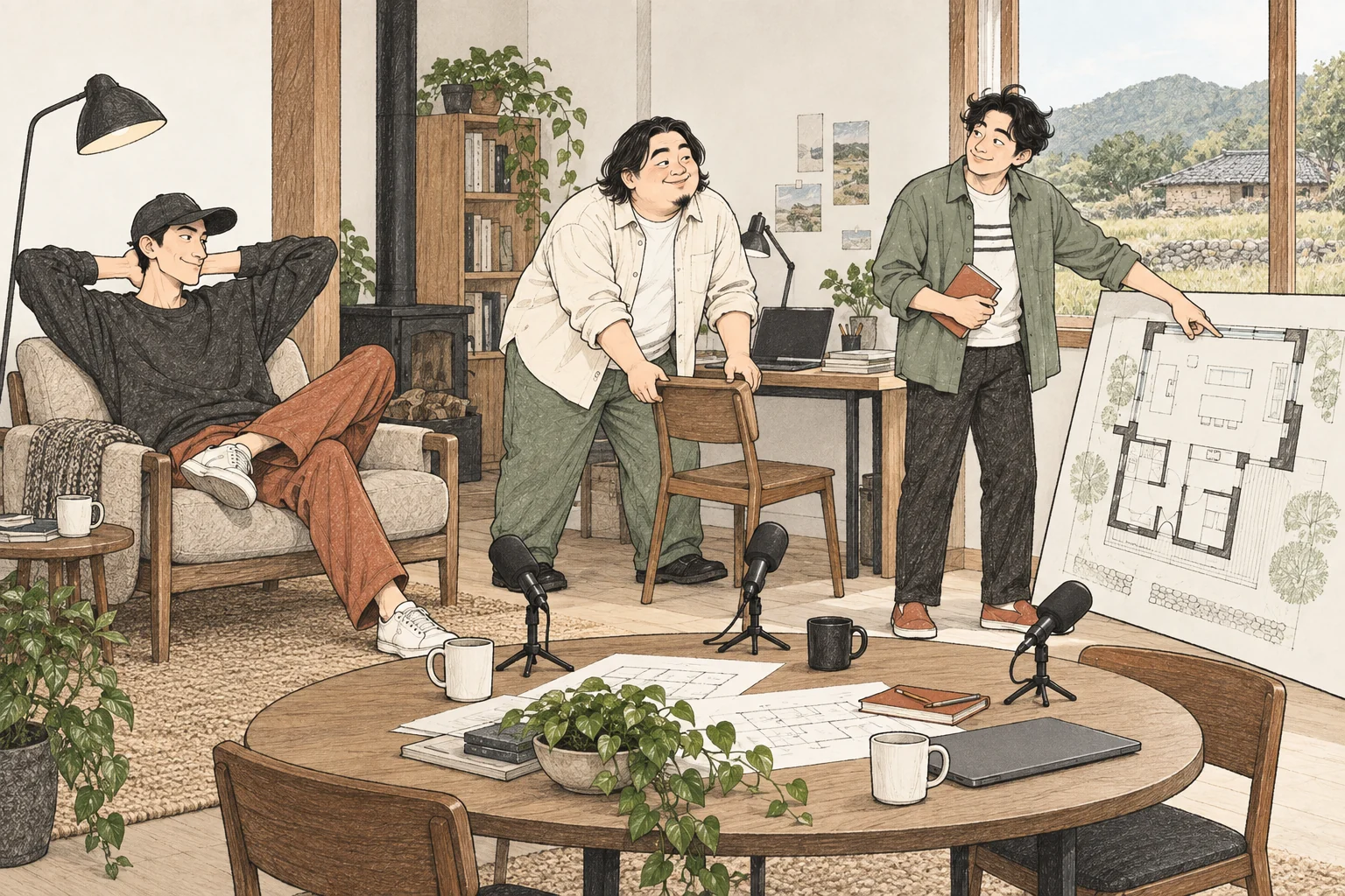 주말 휴식과 매일 일하는 생활을 의자와 책상으로 보여주며 집을 논의하는 세 사람
