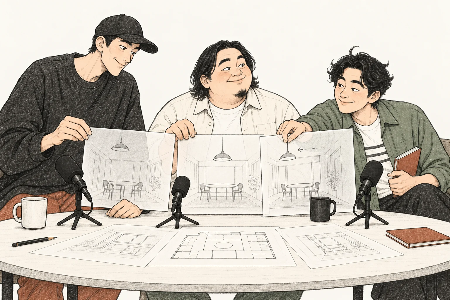 식탁과 조명 위치가 다른 투명 도면을 겹쳐 맞추는 세 사람