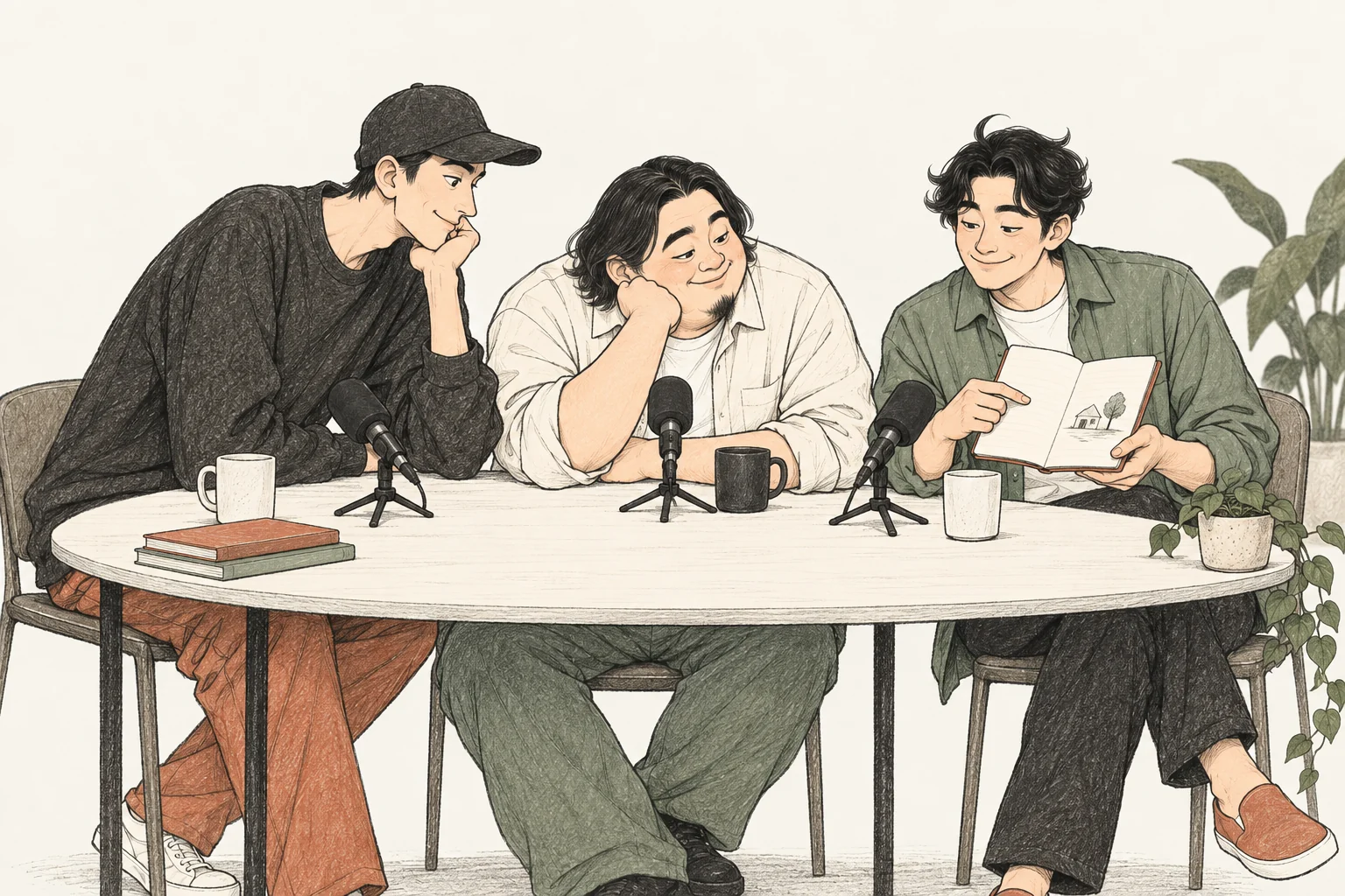 집과 나무만 간단히 그린 노트를 펼친 세희에게 귀 기울이는 케빈과 현수