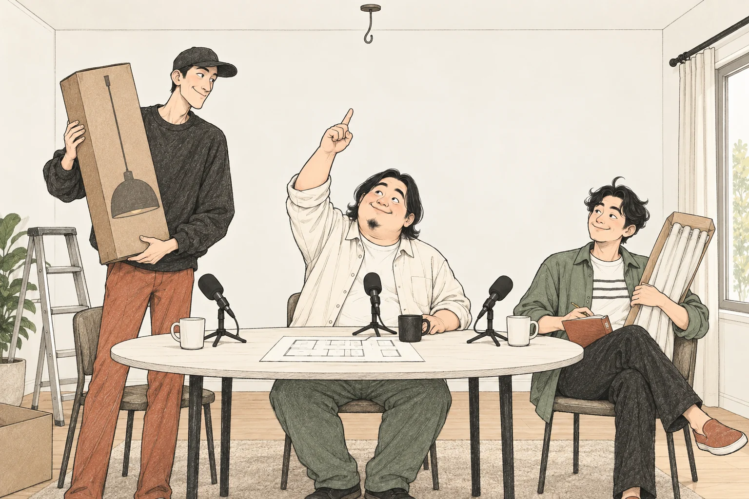 완성된 방에서 포장된 조명과 커튼을 들고 빠진 일을 확인하는 팟캐스트 세 친구