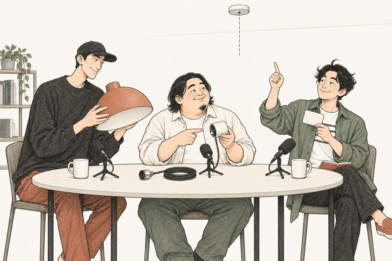 조명 갓과 전선, 설치 부품과 주문 카드를 나누어 맡아보는 세 사람