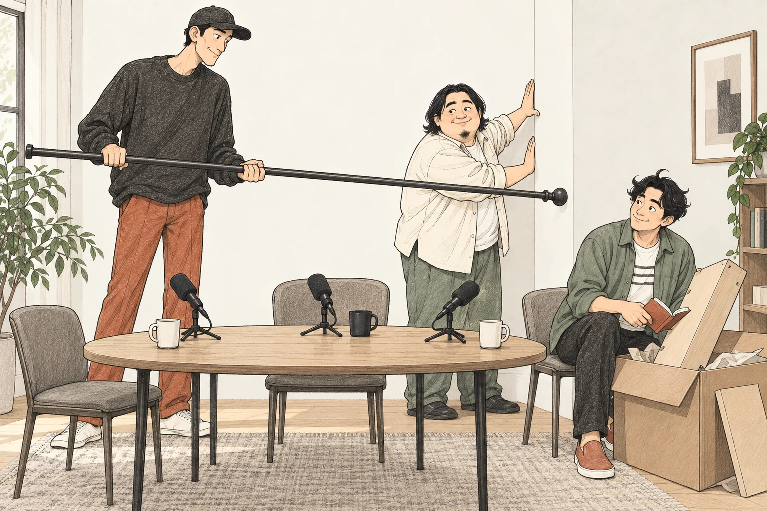 뒤늦게 연 가구 상자와 긴 커튼 봉을 좁은 공간에 맞춰보는 세 친구