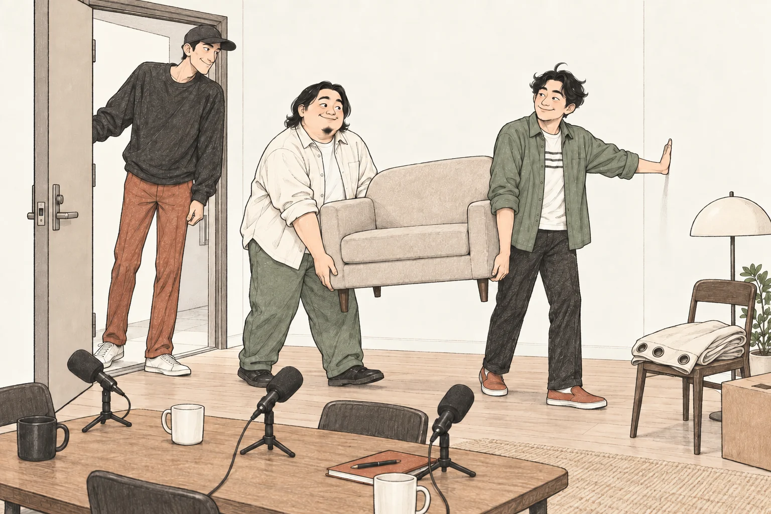 문을 열어주고 의자가 들어갈 자리를 맞추며 입주 순서를 이야기하는 세 친구