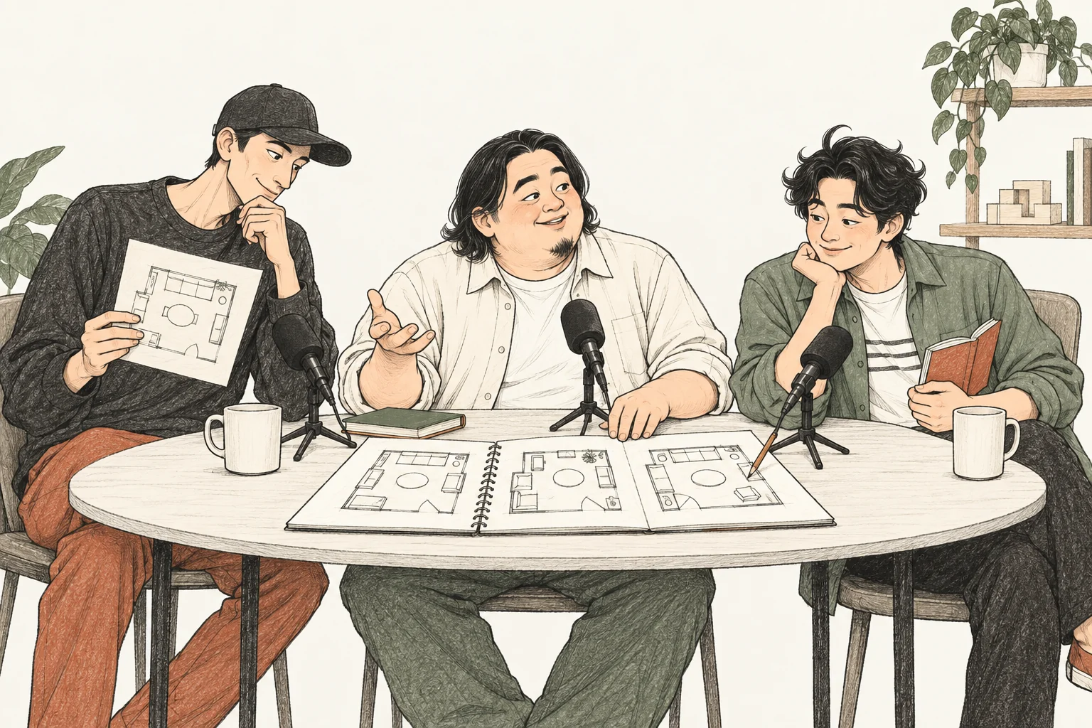 세 번 고친 방 평면과 책을 놓고 다시 의견을 나누는 세 사람