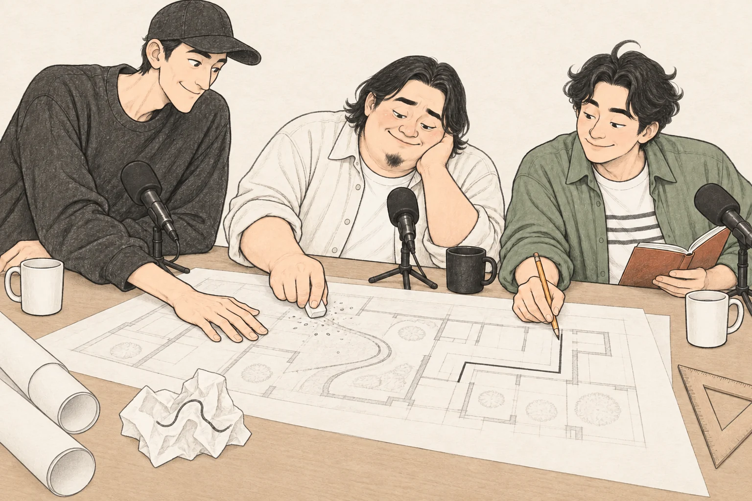 현수가 곡선 계획을 지우고 세희가 단순한 동선을 제안하는 동안 도면을 잡아주는 케빈