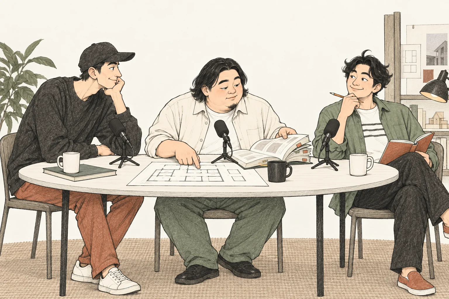 현수가 도면 옆의 자료를 확인하는 동안 결정을 기다리는 케빈과 세희