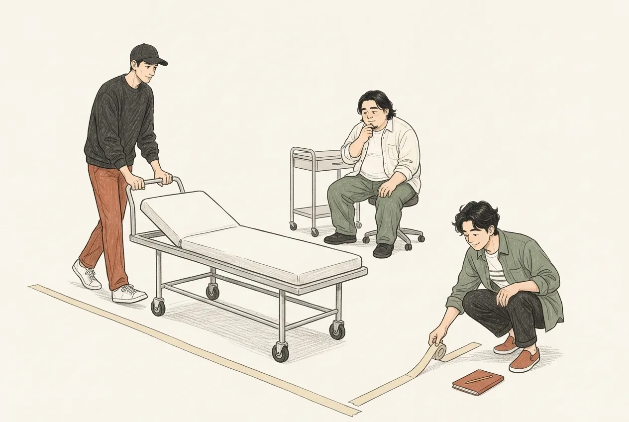바닥 테이프와 침대, 장비를 놓고 동선을 함께 검토하는 세 사람