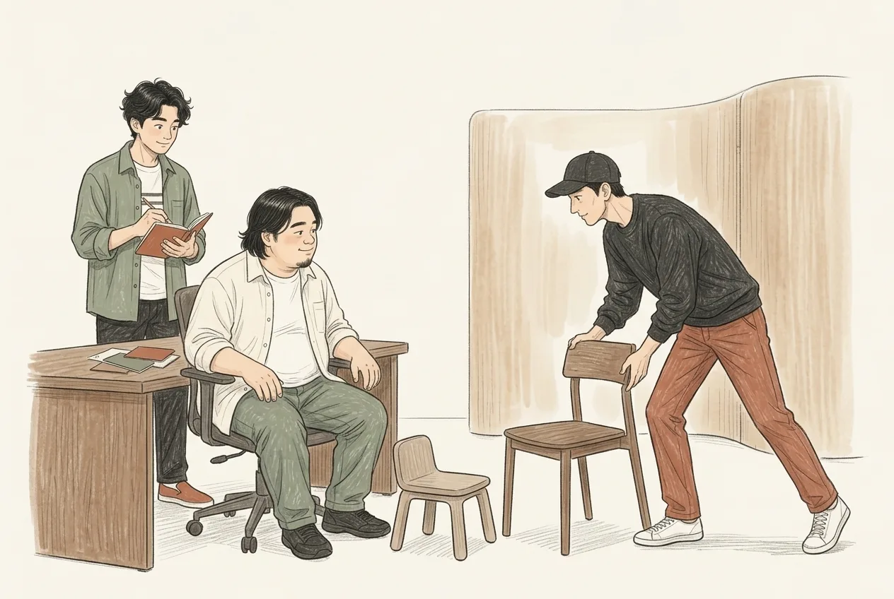 진료실의 의자 배치를 함께 검토하는 닷킴 세 사람