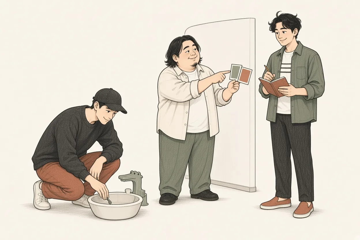 아이 눈높이로 몸을 낮추는 케빈, 색을 고르는 현수, 노트에 기록하는 세희