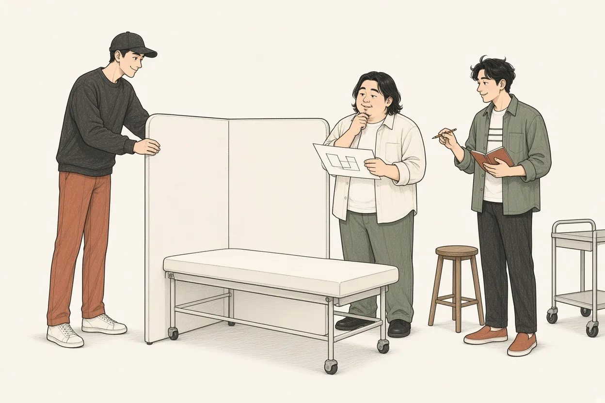 침대의 회전 공간과 도면을 함께 살피는 닷킴 세 사람